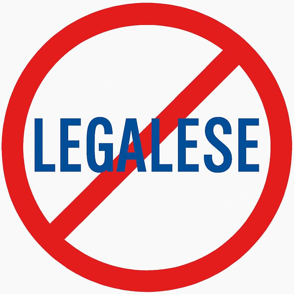 A traffic sign with the word LEGALESE inside a red circle with a red diagonal slash through it, all on a white background